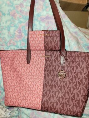Michael Kors Two-Tone Pink & Wine MK Logo Tote with Matching Wallet